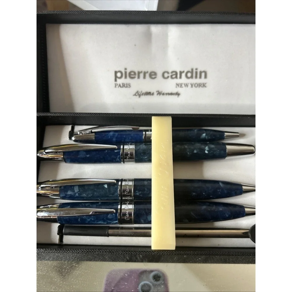 Pierre Cardin 5 Piece Blue Pen Set. Vintage Unused Blue Marble Coloring.
